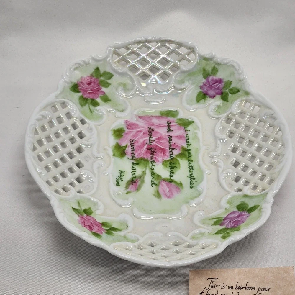 VICTORIAN Tea Rose Platter Formalities Tray Plate Hand Painted Porcelain Lace...